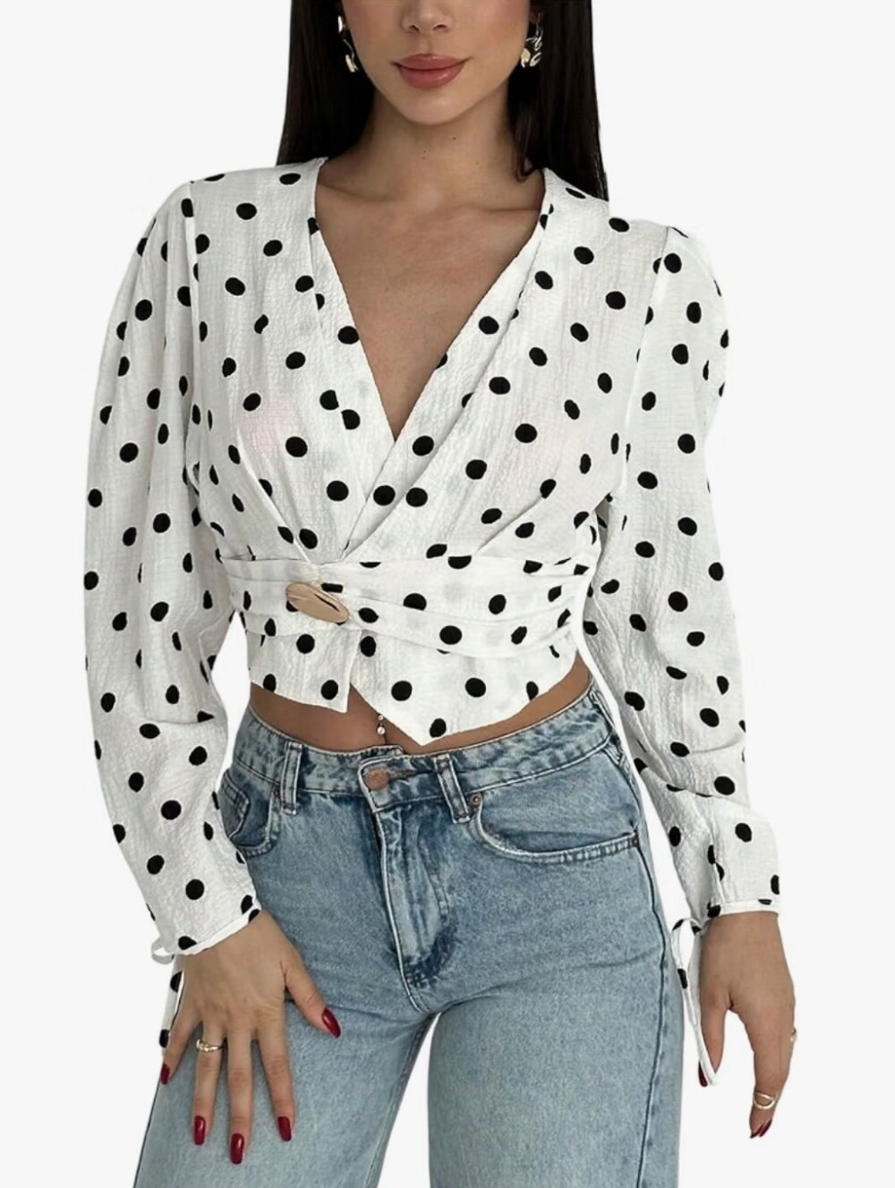 Polka Dots Wrap V Neck Blouse Metal Long Sleeve Business Crop Top